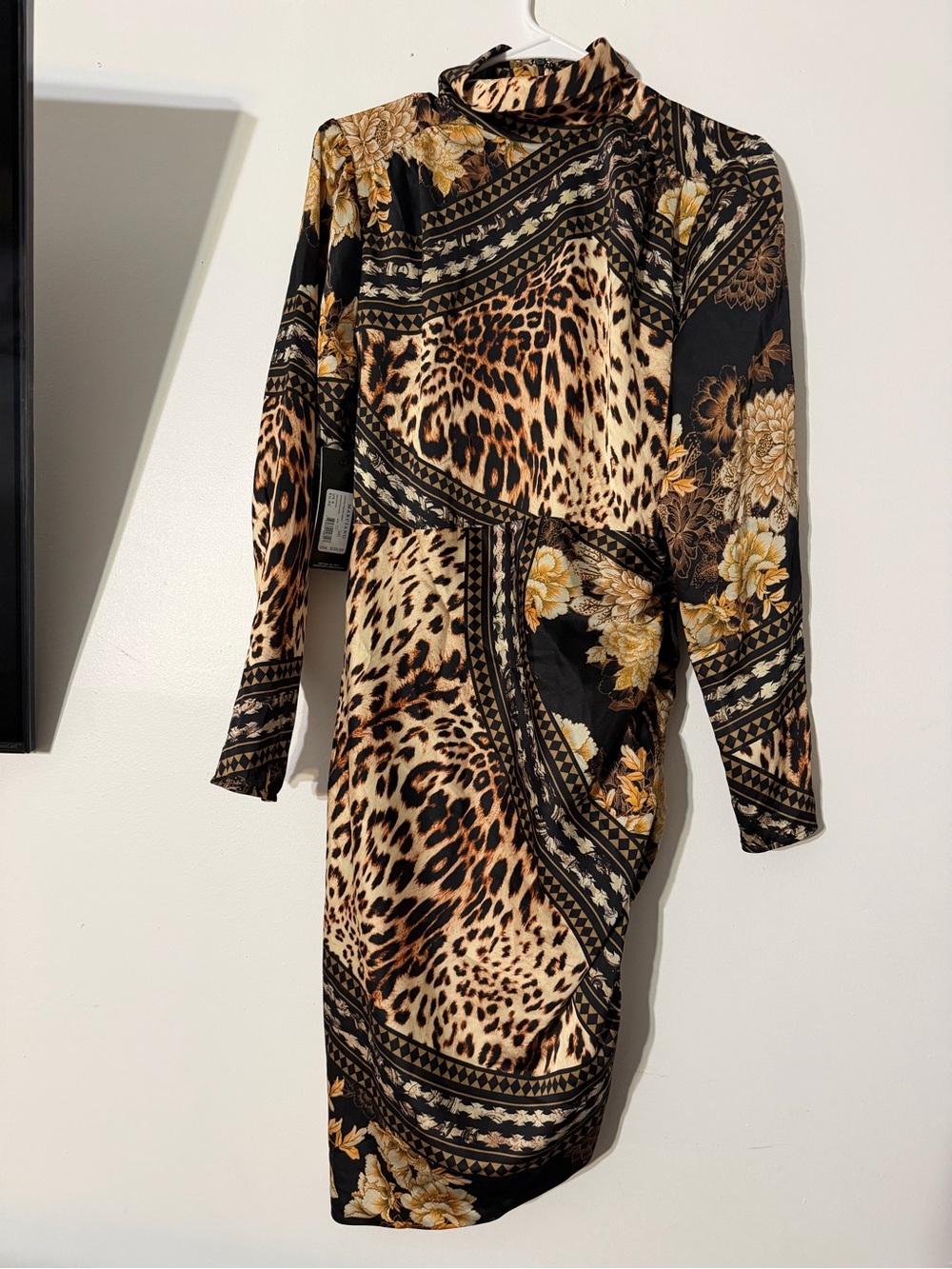 Guess by Marciano Black and Gold Leopard Print Long Sleeve Dress